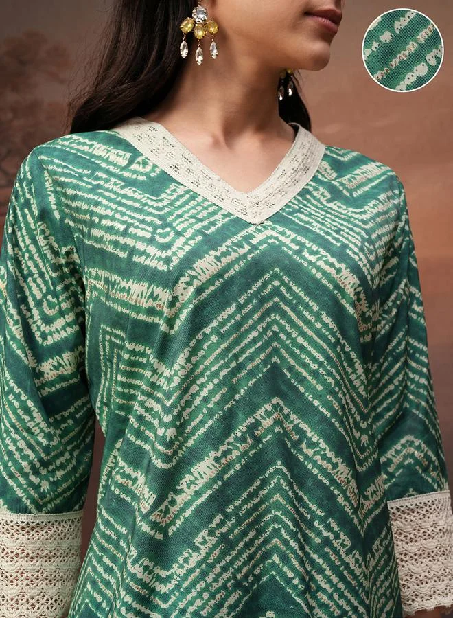 Vishudh Green Printed V Neck Tunic and Trousers Co-Ords by Styli