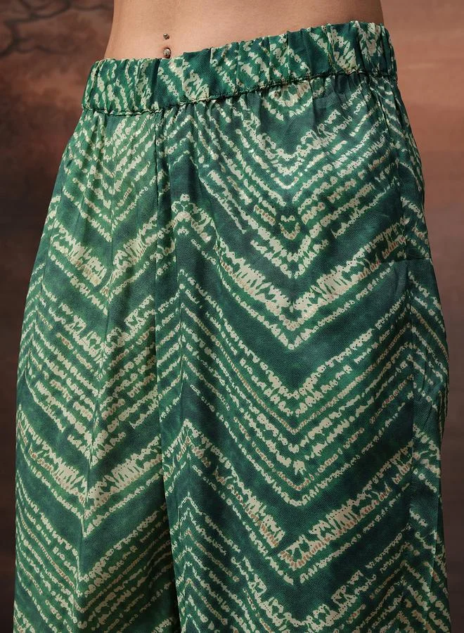 Vishudh Green Printed V Neck Tunic and Trousers Co-Ords by Styli