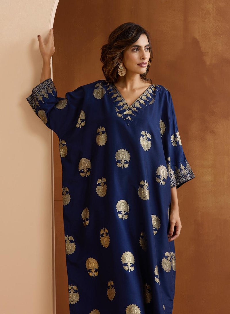ISHIN Women's Navy Polyester Blend Embellished Tunic Full Length Palazzo Straight Fit Kurta Set  - Image 5