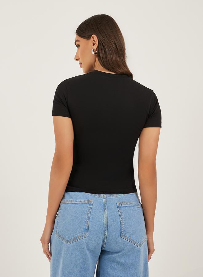 Styli Denim Applique Fitted Cropped T-Shirt  - Image 4