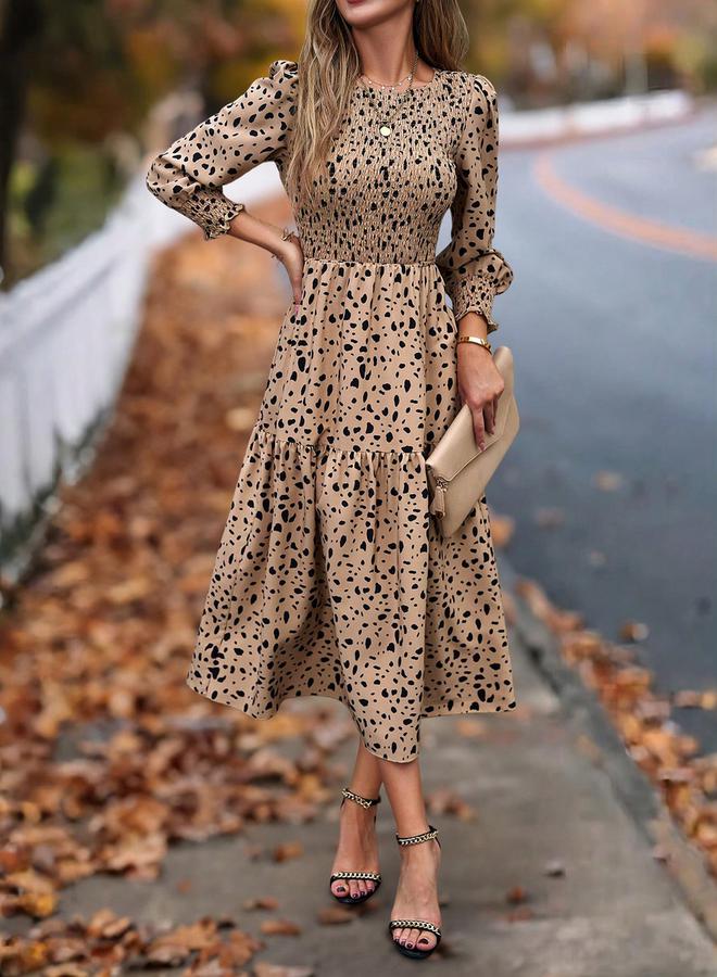 Styli - Allover Print Smocking Detail Long Sleeve Midi Dress by Styli - Image 1