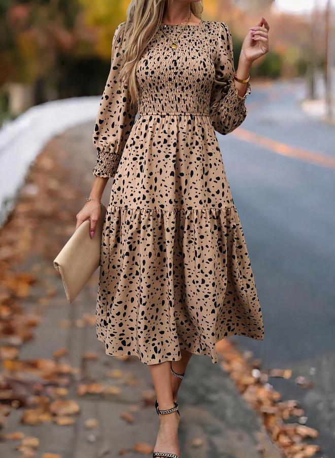 Styli - Allover Print Smocking Detail Long Sleeve Midi Dress by Styli - Image 1