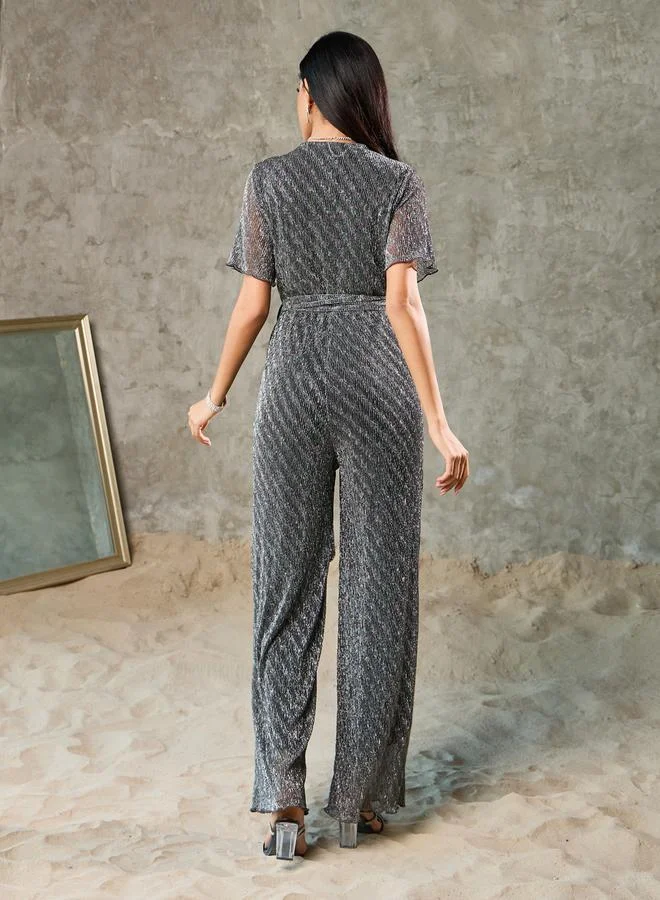 ستايلي Lurex Knit Textured Wide Leg Wrap Jumpsuit