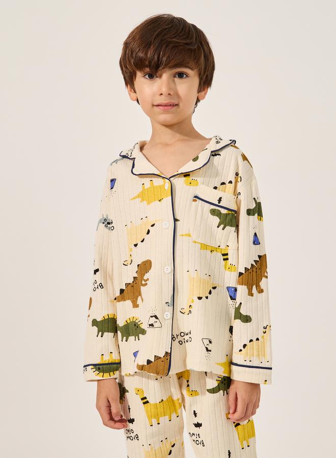 ستايلي طقم بيجامة مطبوع بالديناصورات مع بنطلون مضلع - Image 2