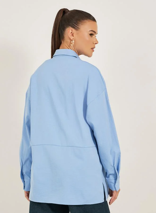Styli Solid Oversized Spread Collar Longline Shirt