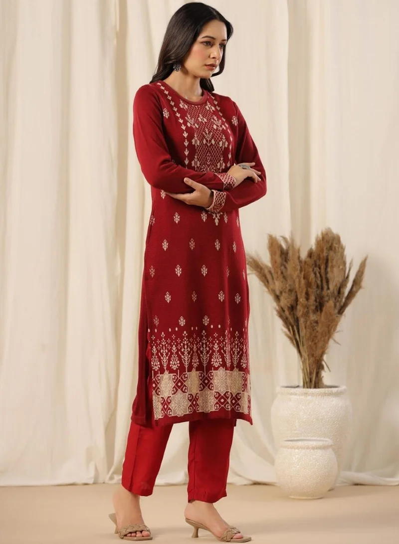 آي شين Women's Maroon Polyester Blend Embellished Tunic Straight Fit Kurta
