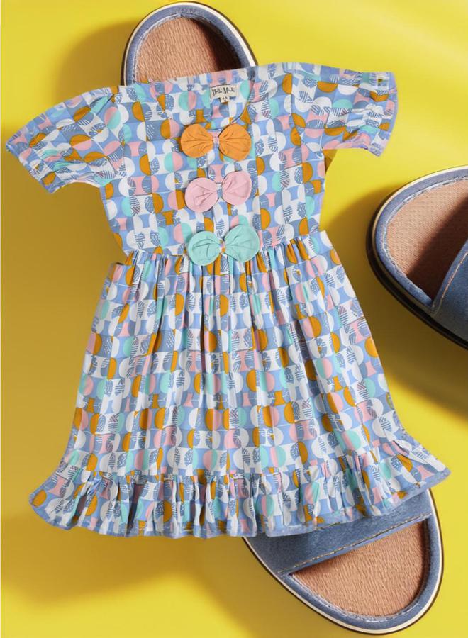 BELLA MODA All-Over Print Round Neck Bow Details Dress by Styli  - Image 1