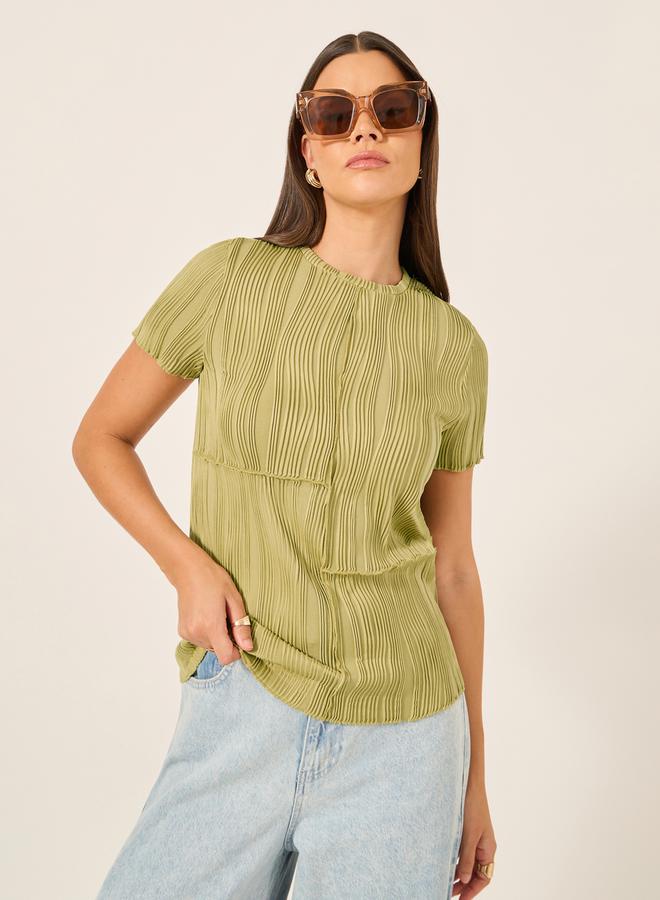 Styli Textured Striped Round Neck T-Shirt - Image 1