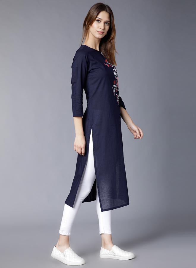 Vishudh Women Navy Printed Straight Kurta by Styli  - Image 4