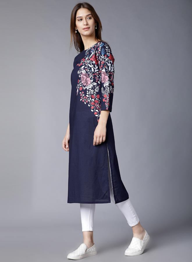 Vishudh Women Navy Printed Straight Kurta by Styli  - Image 2
