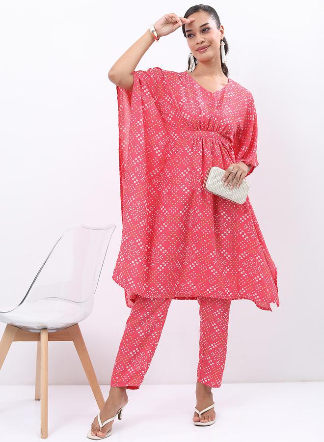 Vishudh Women Pink Printed Kaftan Kurta with Trousers by Styli  - Image 1