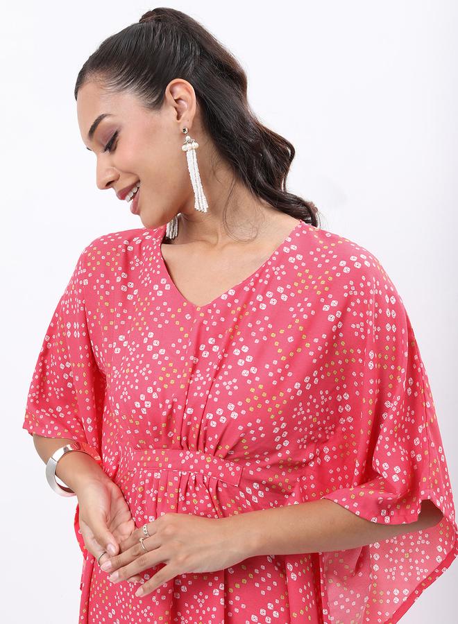 Vishudh Women Pink Printed Kaftan Kurta with Trousers by Styli  - Image 2