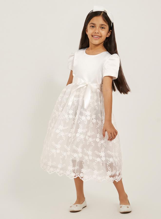 Styli Embroidered Bow Detail Puff Sleeves Dress  - Image 1
