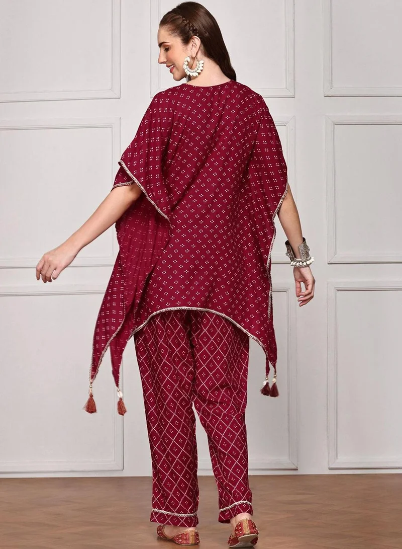 ISHIN Women's Maroon 100% Viscose Embellished Tunic Full Length Palazzo Straight Fit Co-Ords