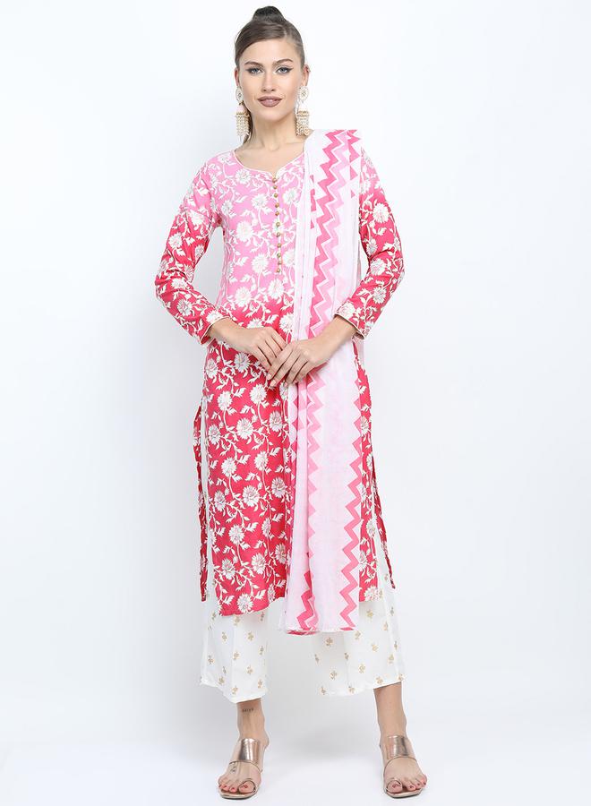 Vishudh Women Pink and White Floral Printed Kurta Set with Dupatta by Styli  - Image 4