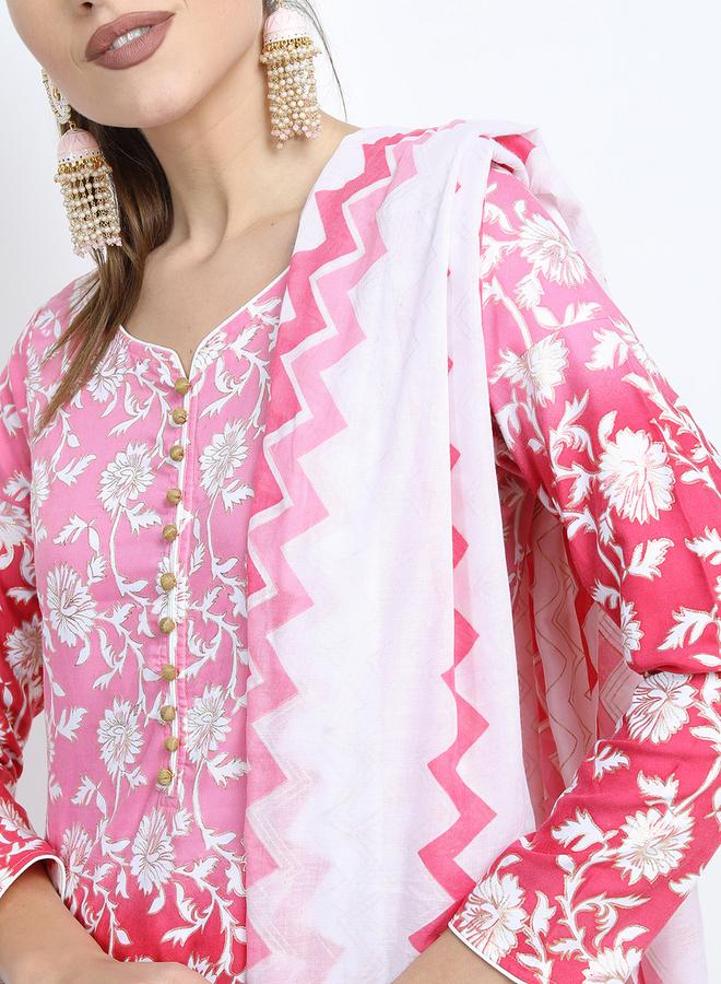 Vishudh Women Pink and White Floral Printed Kurta Set with Dupatta by Styli  - Image 5