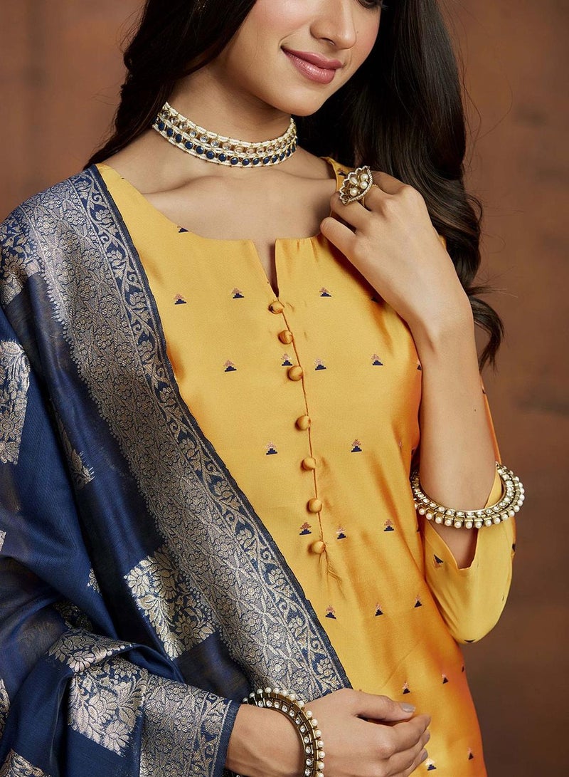 Regular Fit Three-Quarter Sleeve Printed Yellow & Blue Silk Woven Kurta Set For Women Flat Collar Perfect For Wedding And Engagement Pull On Closure - zsku/ZD75ADB16FA06C41AB64AZ-4/45/1741088047/1e5639b8-e232-409a-8965-7e8e2f0501bc