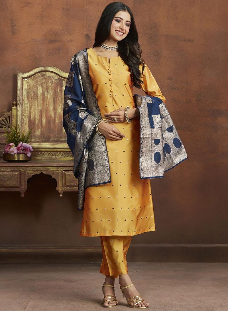 Regular Fit Three-Quarter Sleeve Printed Yellow & Blue Silk Woven Kurta Set For Women Flat Collar Perfect For Wedding And Engagement Pull On Closure - zsku/ZD75ADB16FA06C41AB64AZ-4/45/1741088048/53c13afd-02cc-4743-ba7f-fb29ac2b3dbe