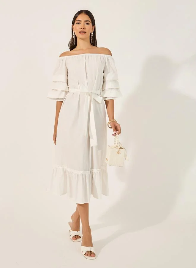 Styli Off Shoulder Ruffled Hem A-Line Midi Dress