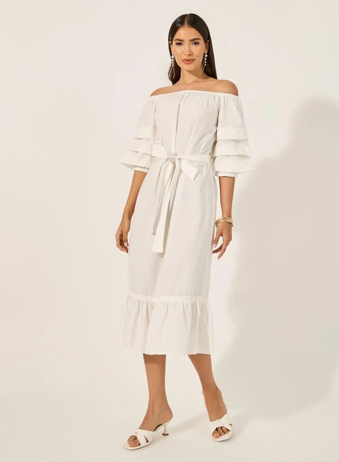 Styli Off Shoulder Ruffled Hem A-Line Midi Dress