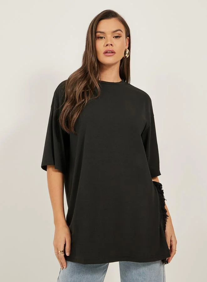 Styli Oversized Side Slit Longline T-Shirt with Frayed Edge