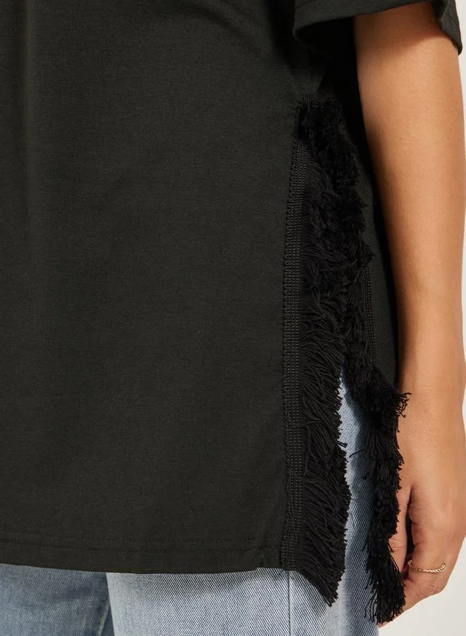 Styli Oversized Side Slit Longline T-Shirt with Frayed Edge