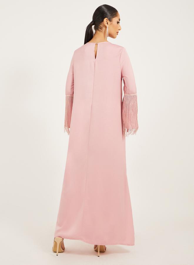 Styli matte satin jalabiya with tassel trims at sleeve hem  - Image 5