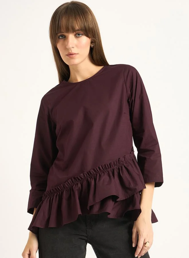 Femmella Femmella Asymmetric Hem Ruffle Detail Round Neck Top