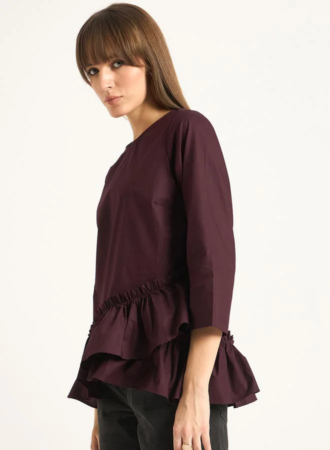 Femmella Femmella Asymmetric Hem Ruffle Detail Round Neck Top