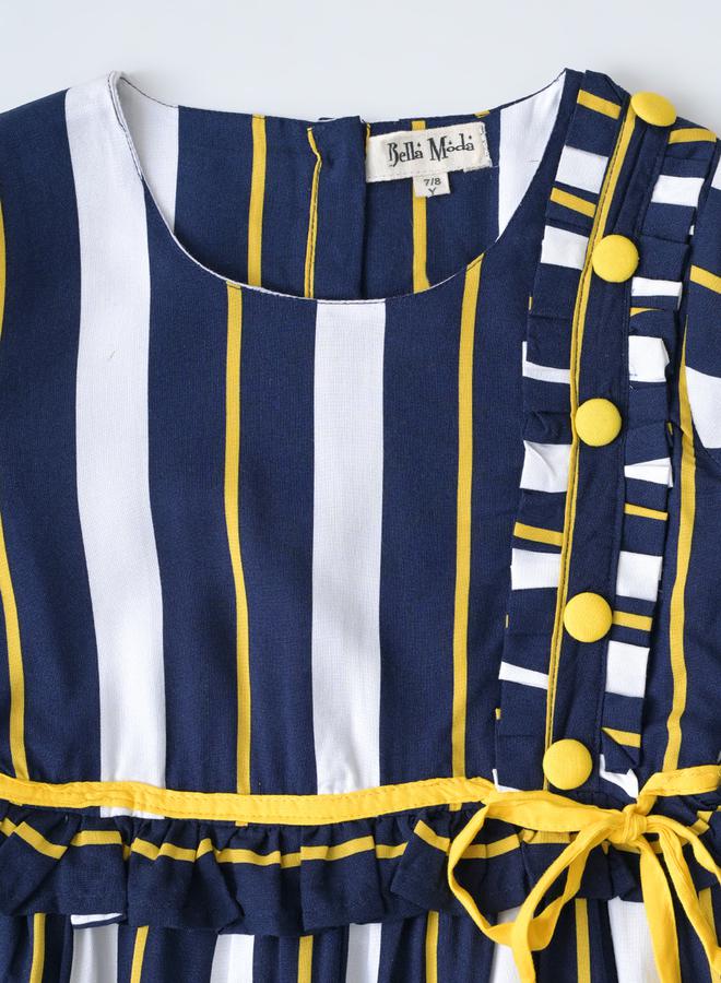 BELLA MODA Striped Fit and Flare Button Detail Dress by Styli  - Image 4