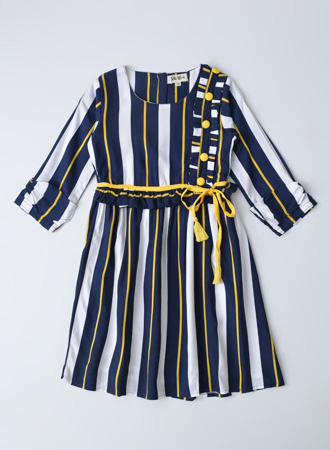BELLA MODA Striped Fit and Flare Button Detail Dress by Styli  - Image 2