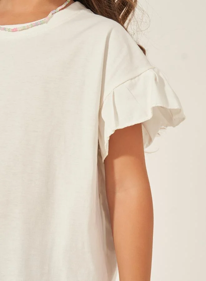 Styli Solid Dropped Shoulder T-Shirt with Ruffled Detail