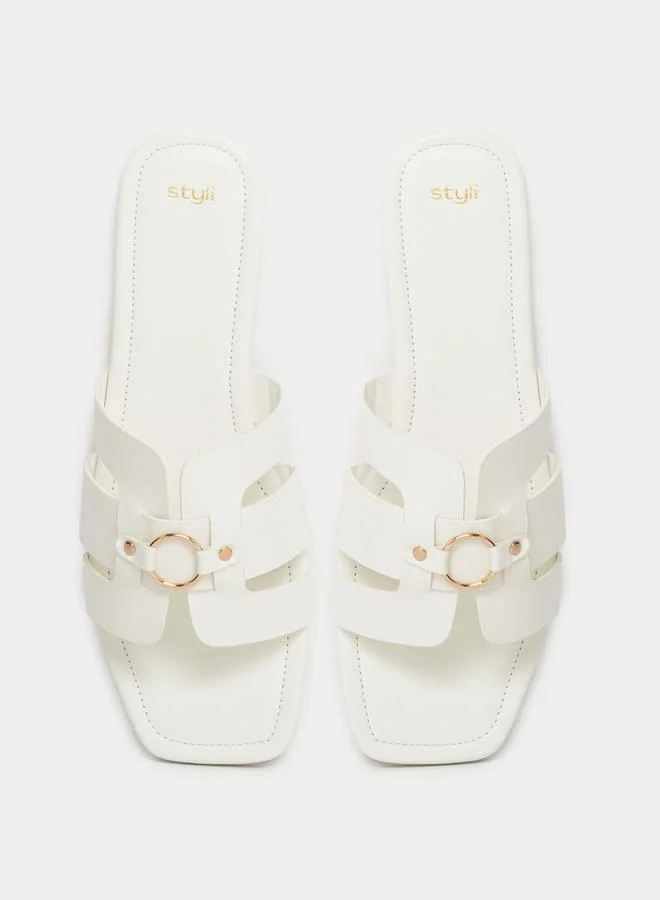 Styli Buckle Embellished Open Toe Flat Sandals