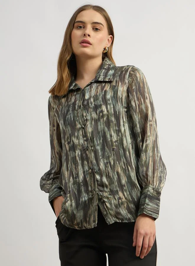 Styli Printed Balloon Sleeve Spread Collar Blouse