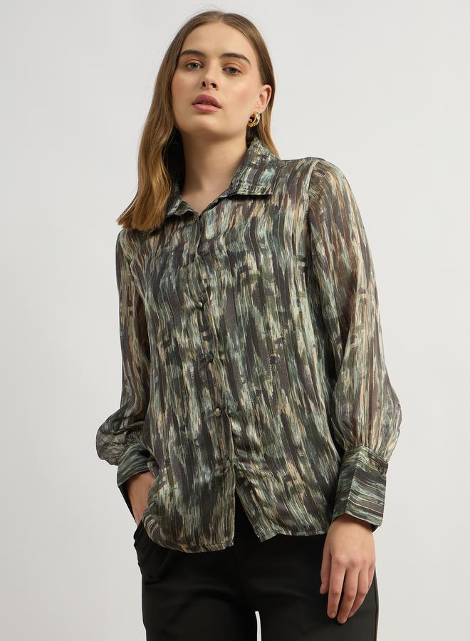 Styli Printed Balloon Sleeve Spread Collar Blouse - Image 2