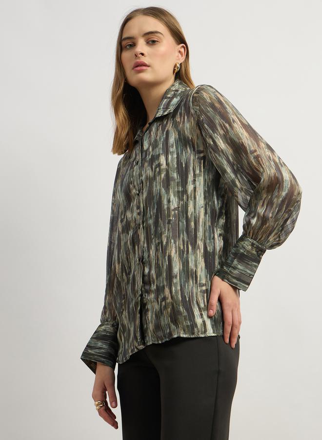 Styli Printed Balloon Sleeve Spread Collar Blouse - Image 3