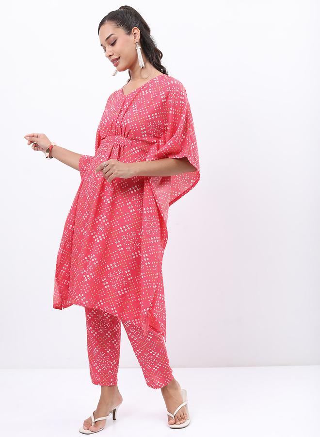 Vishudh Women Pink Printed Kaftan Kurta with Trousers by Styli  - Image 4
