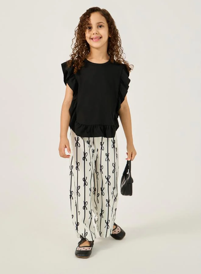 Styli Ruffled Edge Top and Bow Print Pants Set