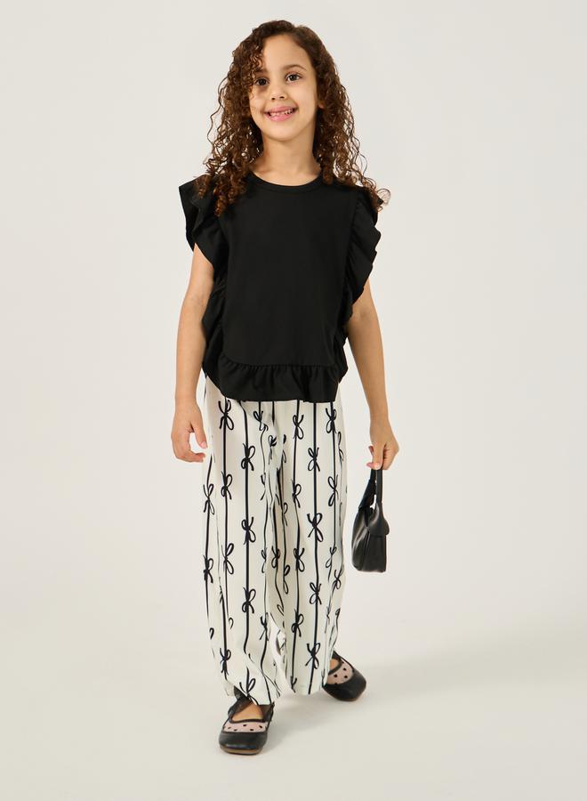 Styli - Ruffled Edge Top and Bow Print Pants Set - Image 1