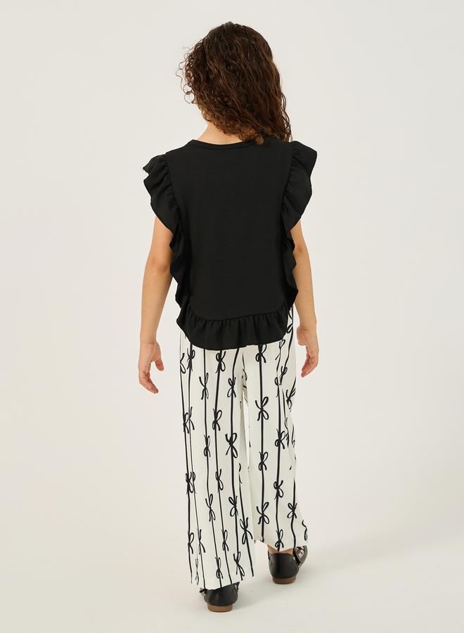 Styli - Ruffled Edge Top and Bow Print Pants Set - Image 1