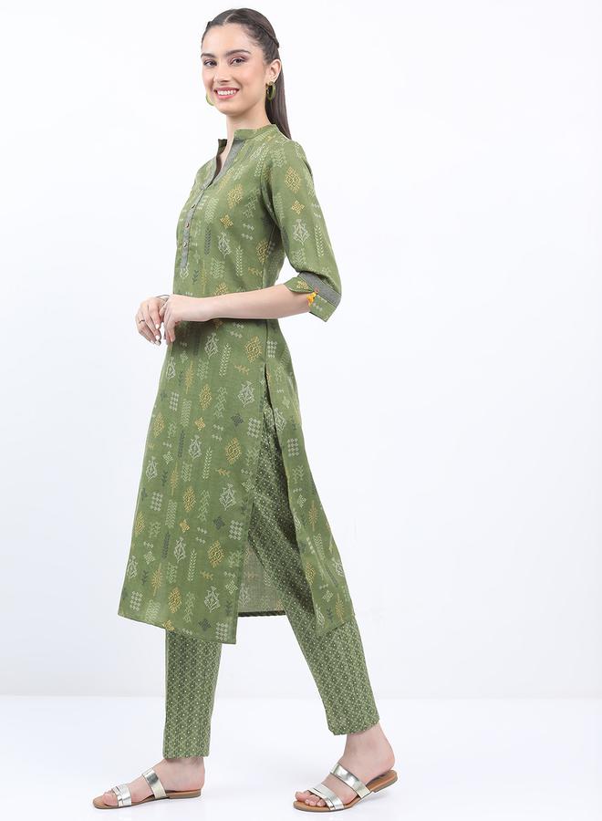 Vishudh - Women Olive Printed Kurta with Trousers by Styli - Image 1