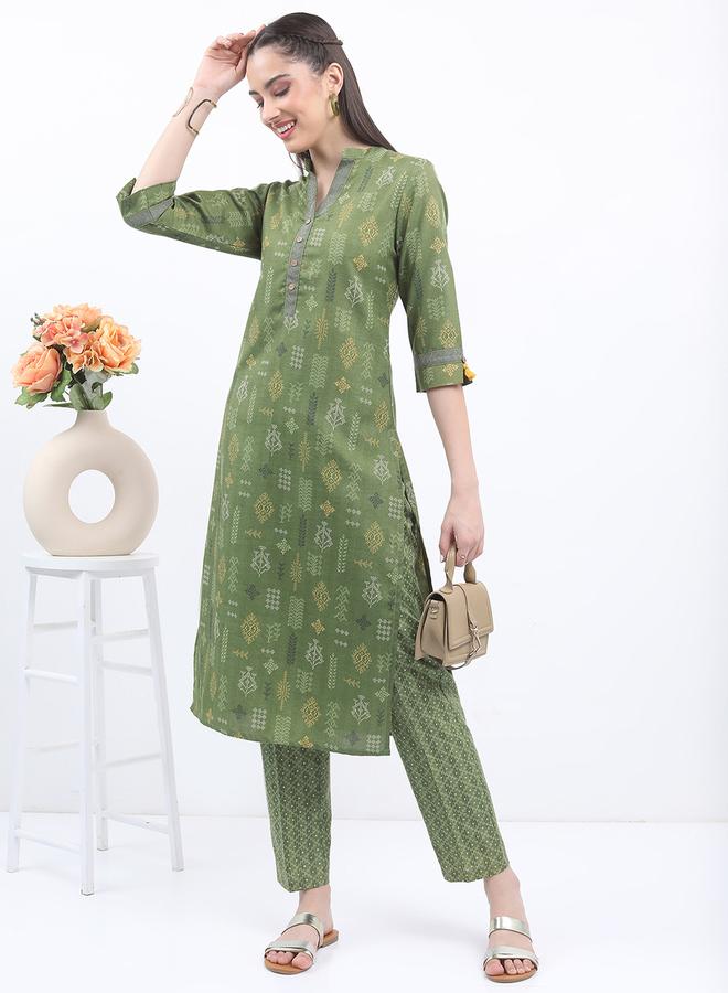 Vishudh - Women Olive Printed Kurta with Trousers by Styli - Image 1