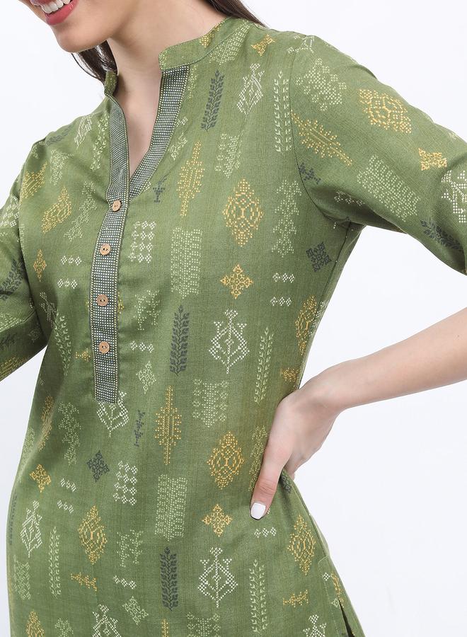Vishudh - Women Olive Printed Kurta with Trousers by Styli - Image 1