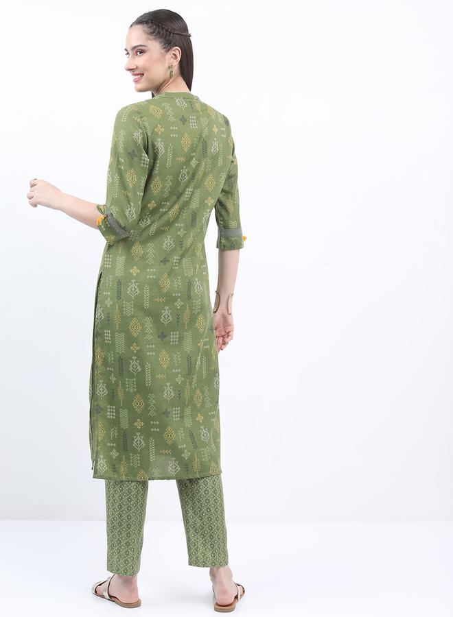 Vishudh - Women Olive Printed Kurta with Trousers by Styli - Image 1