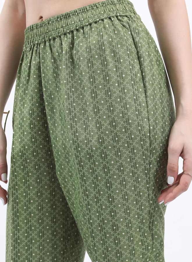Vishudh - Women Olive Printed Kurta with Trousers by Styli - Image 1