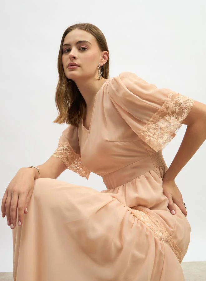 Styli Plain Flared Sleeves Tiered Maxi Dress with Lace Trim
