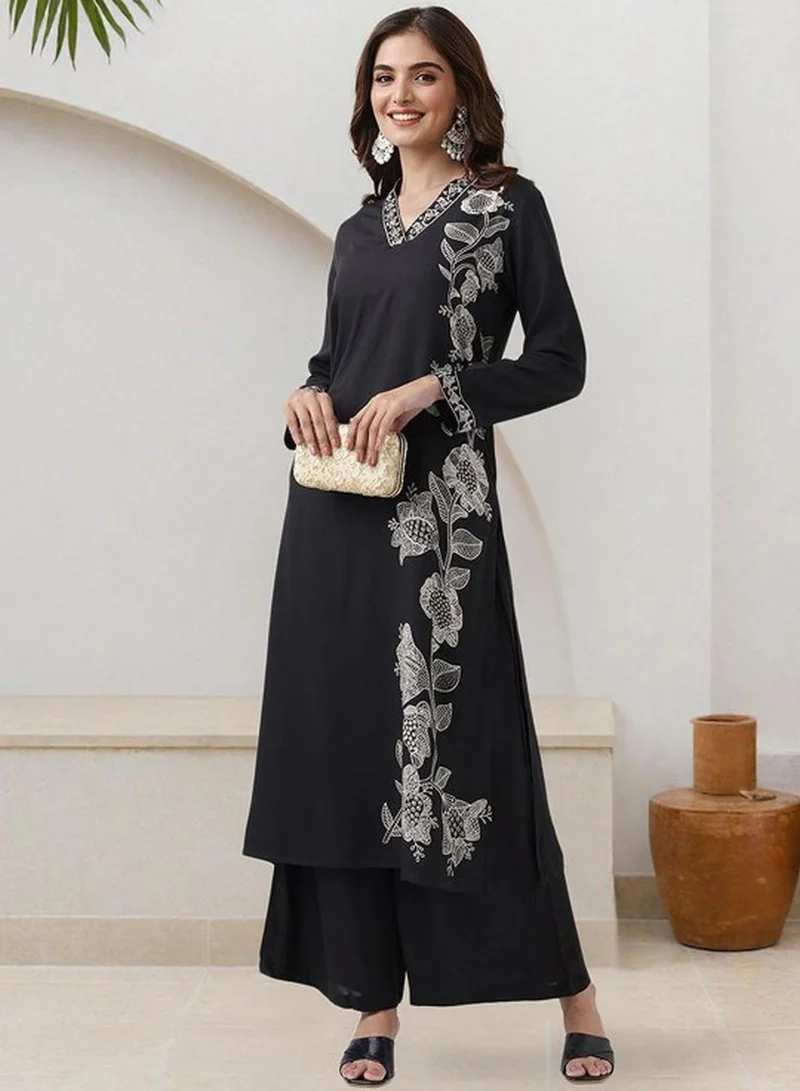 آي شين Women's Black Rayon Embellished Tunic Full Length Palazzo Straight Fit Kurta Set