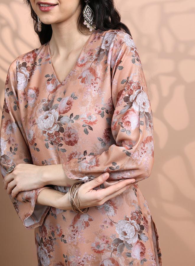 Vishudh - Women Peach Floral Printed Kurta and Trousers Set by Styli - Image 1