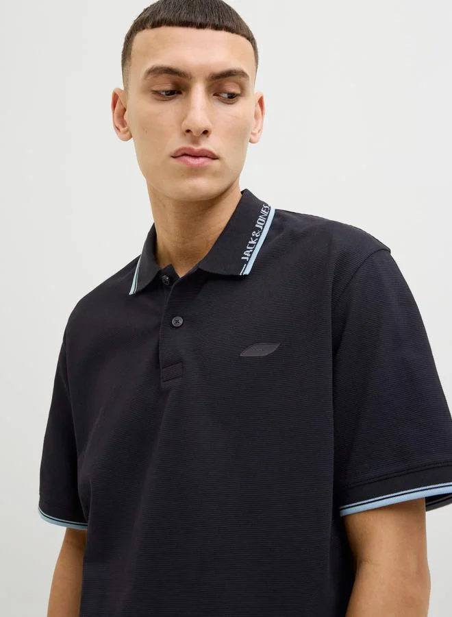 JACK & JONES Textured Badge Detail Regular Fit Polo T-Shirt