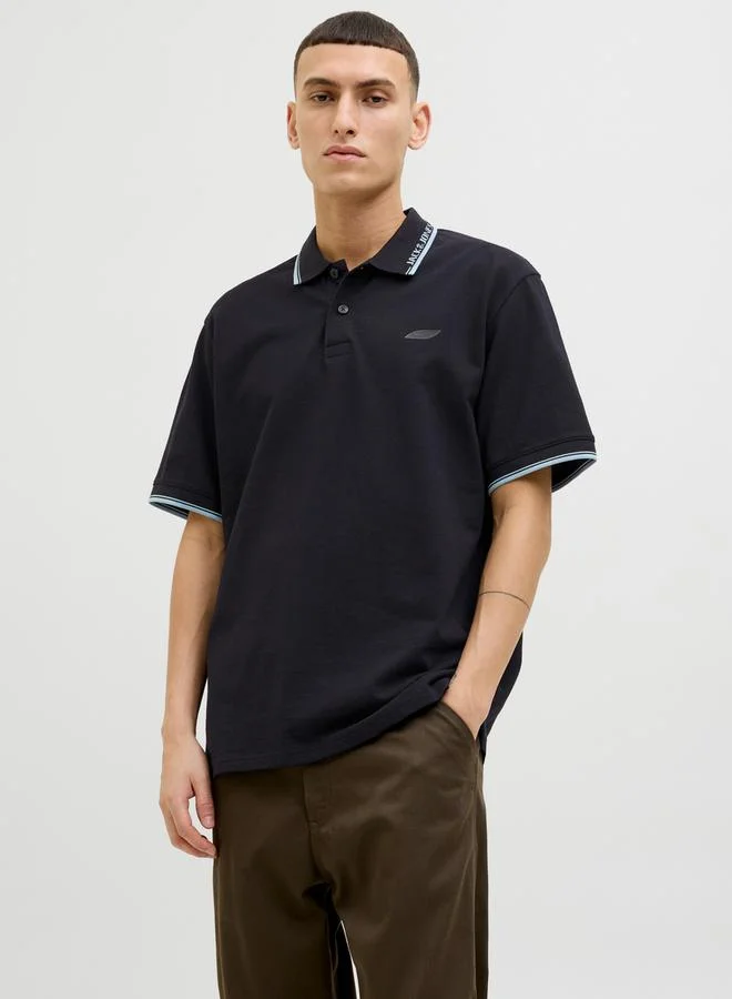 JACK & JONES Textured Badge Detail Regular Fit Polo T-Shirt